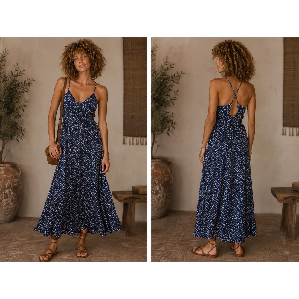A New Day Womens Dark Blue Ditsy Floral Pleated Maxi Dress Small NWT